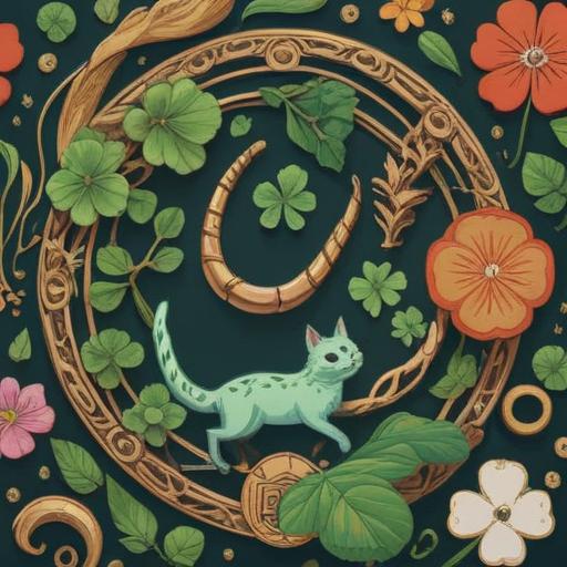 A whimsical illustration of various lucky items, such as a four-leaf clover, a horseshoe, and a lucky cat, arranged harmoniously in a vibrant setting, showcasing their charm and significance, bright and cheerful colors, intricate details of each item, magical atmosphere, inviting and uplifting composition, 4k