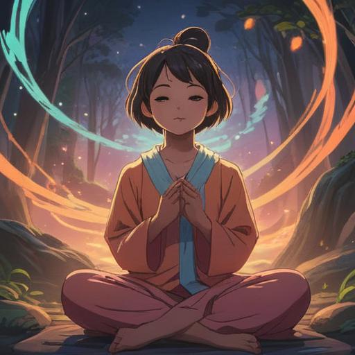 A serene and calming scene depicting a person meditating under a glowing aura around their neck, gentle radiance illuminating the surroundings, soft pastel colors in the background, lush greenery and tranquil water, harmonious atmosphere, peaceful expression on the person's face, elements of nature enhancing the sense of relaxation, 4k