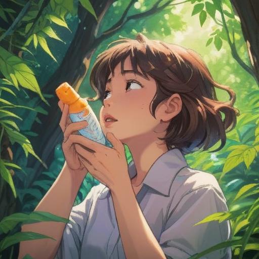 A serene illustration depicting a person gently applying a soothing cream on their neck, surrounded by calming nature, soft sunlight filtering through tree leaves, symbols of luck like四葉のクローバー in the background, peaceful expression, emphasis on healing and comfort, 4k