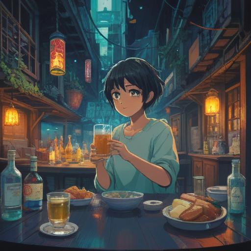 A serene scene depicting the spiritual significance of drinking habits, a person surrounded by ethereal light, symbolic representations of balance and chaos, vibrant colors illustrating emotions, peaceful background with nature elements, introspective expression on the character's face, mystical atmosphere, 4k