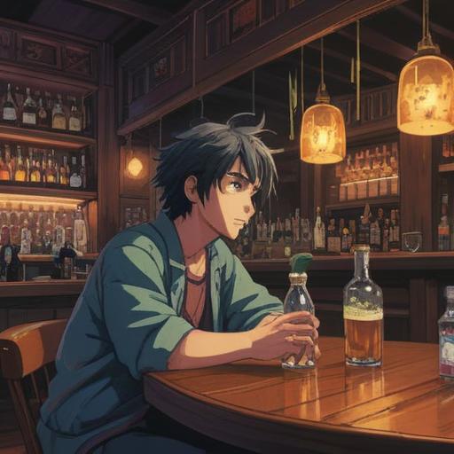 A contemplative scene depicting spiritual signs revealed through drinking habits, a figure sitting introspectively in a dimly lit bar, ethereal symbols floating around, a glass of whiskey in hand, subtle reflections of past memories, an aura of introspection and caution, mystical ambiance, 4k