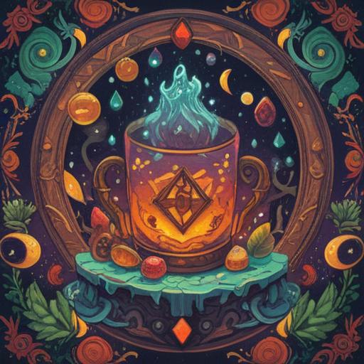 A whimsical illustration of a lucky charm for improving drinking habits, featuring a unique amulet with symbols of moderation, surrounded by calming elements like green tea, a serene setting with soft lighting, peaceful atmosphere, evoking a sense of positivity and balance, intricate details, vibrant colors, 4k