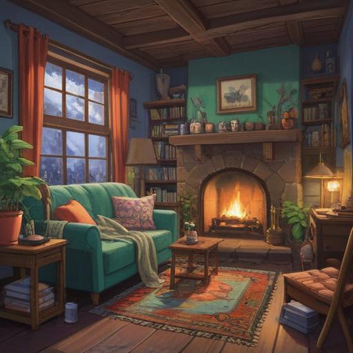 A serene illustration of a cozy living space, calming colors, a soft blanket draped over a comfortable chair, a warm cup of herbal tea on a small table, shelves filled with self-help books, gentle lighting creating a peaceful atmosphere, a soothing plant in the corner, the essence of personal growth and healing, 4k