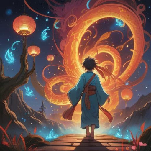 A mystical scene depicting a person surrounded by ethereal spirits, glowing softly in warm hues, symbols of good fortune and guidance emerging from swirling vapors of alcohol, a serene expression on their face, surrounded by nature, like a forest clearing, lanterns shining gently, conveying a sense of peace and spirituality, 4k