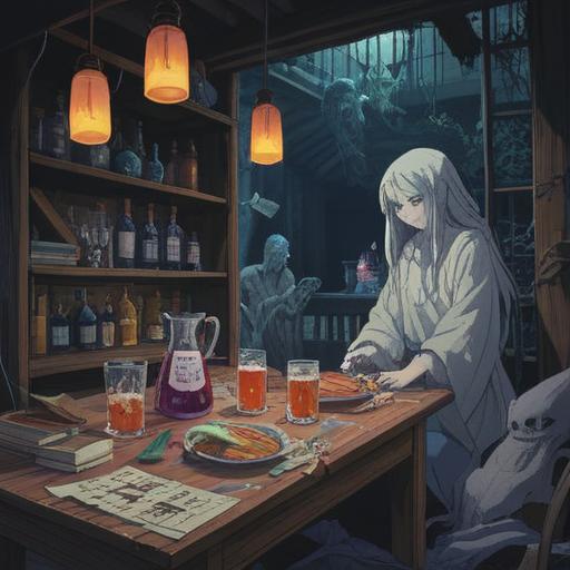 A thought-provoking illustration depicting the dangers of excessive drinking, a person surrounded by ghostly figures representing lost potential, dark and light contrasts symbolizing struggle, mystical elements intertwining with bottles, ethereal aura, spiritual warning signs, reflective atmosphere, 4k