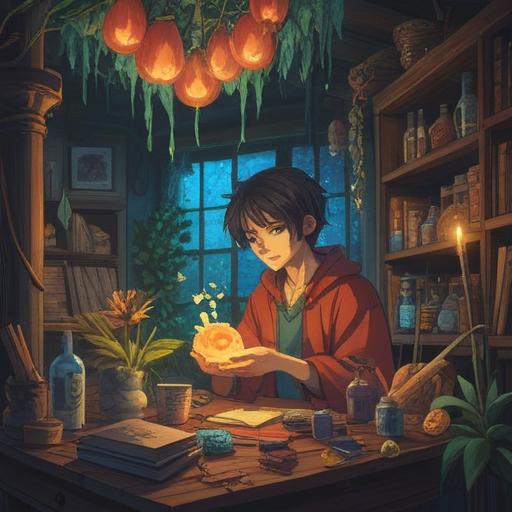 A person overwhelmed by alcohol, surrounded by mystical spiritual items, glowing crystals, ancient herbal remedies, a serene atmosphere, soft light illuminating the objects, a blend of reality and spirituality, introspective expression, elements of nature, detailed textures, calm color palette, 4k