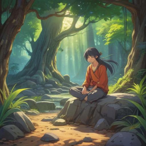 A serene landscape depicting a peaceful meditation scene, soft light filtering through trees, a calm figure sitting cross-legged on a rocky outcrop, surrounded by gentle flowing water, sacred symbols in the background, vibrant greenery, a sense of harmony and balance, tranquil atmosphere, 4k