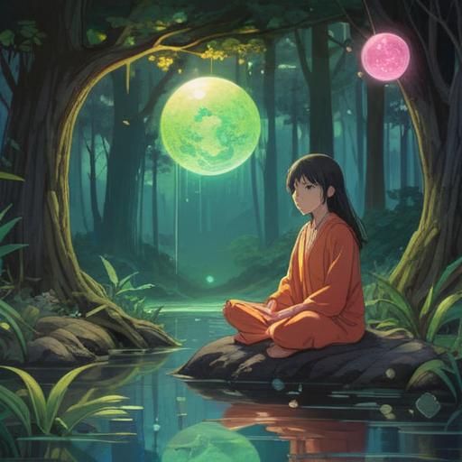 A serene, mystical scene depicting a person meditating in a tranquil landscape, surrounded by floating, glowing orbs representing the essence of alcohol, rich textures of nature, soft light filtering through trees, a sense of peace and introspection, colors representing various spirits, harmonious blend of spirituality and relaxation, 4k