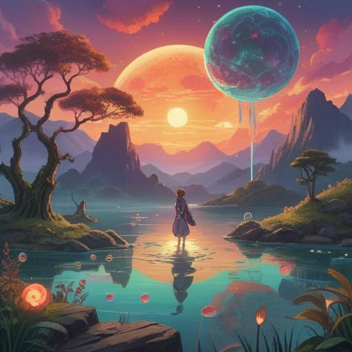A serene illustration of a mystical landscape, soft ethereal light, spiritual symbols surrounding a tranquil figure, floating orbs of energy, vibrant colors representing positive vibes, elements of nature harmonizing with the scene, peaceful atmosphere, 4k