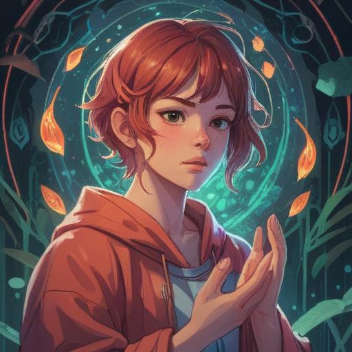 A serene illustration depicting a person experiencing rosacea flare-ups, surrounded by ethereal light, symbolic signs of spiritual awareness, calming nature elements like gentle streams and lush greenery, a sense of introspection and healing, vibrant colors contrasting with soft pastels, 4k