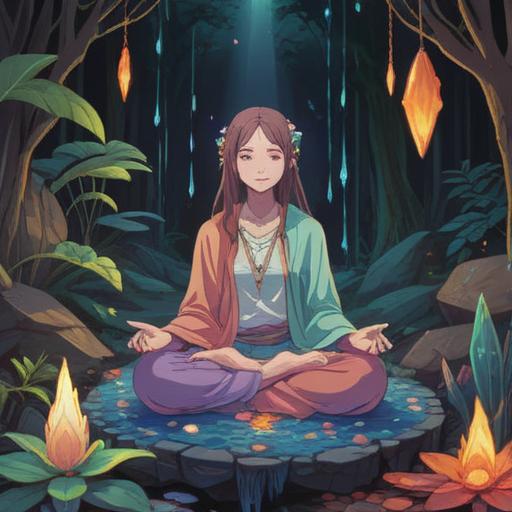 A serene scene depicting emotional healing for rosacea improvement, a tranquil environment with a person meditating, surrounded by spiritual items like crystals and candles, soft light illuminating their face, peaceful expressions, lush greenery in the background, soothing atmosphere, harmony and balance, wellness and self-care mood, 4k