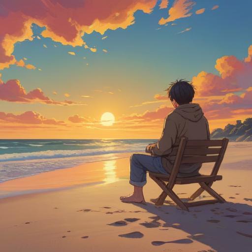 A contemplative scene depicting a person sitting alone on a serene beach, gazing at the sunset, reflecting on lost hobbies and passions, an aura of calmness and introspection, depicting the feeling of emptiness yet potential for new beginnings, soft waves lapping at the shore, warm golden hues in the sky, symbolic representation of transformation, 4k