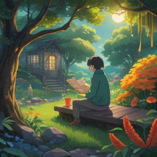 A serene and introspective illustration, a person sitting in a peaceful garden, surrounded by nature, contemplating the absence of hobbies, soft light filtering through trees, symbolizing inner growth and transformation, calming colors, reflective expression, harmonious atmosphere, 4k