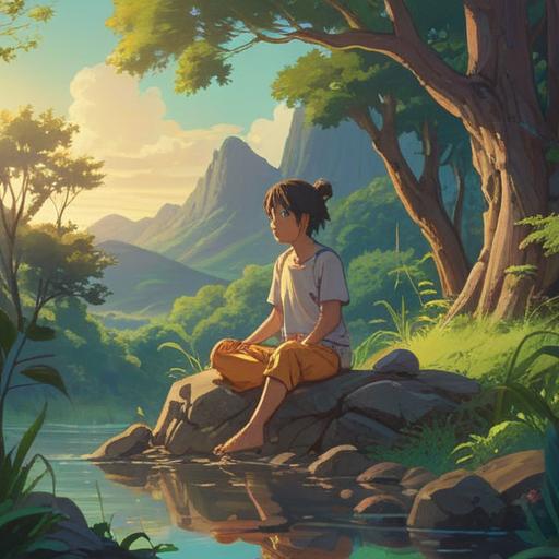 A serene landscape illustrating the moment of feeling bored with a hobby, a person sitting in meditation, surrounded by nature, soft light filtering through trees, symbols of renewal and growth, a path leading to new interests, calming colors, 4k