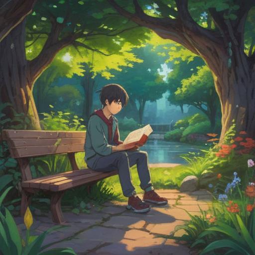 A person sitting in a tranquil park, looking contemplative, surrounded by various hobbies like painting, reading, and gardening, signs of spiritual awareness such as glowing symbols around them, a gentle breeze rustling leaves, soft sunlight filtering through trees, expression of introspection, vibrant colors, peaceful ambiance, 4k