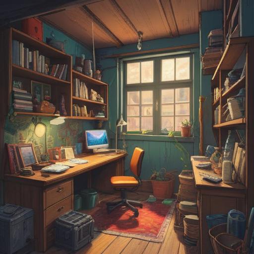 A vibrant and inspiring scene showcasing various hobbies, a cozy workspace filled with crafting materials, colorful art supplies, a person painting on a canvas, books stacked around, a journal filled with ideas, sunlight streaming through a window, warm and inviting atmosphere, creativity in action, 4k
