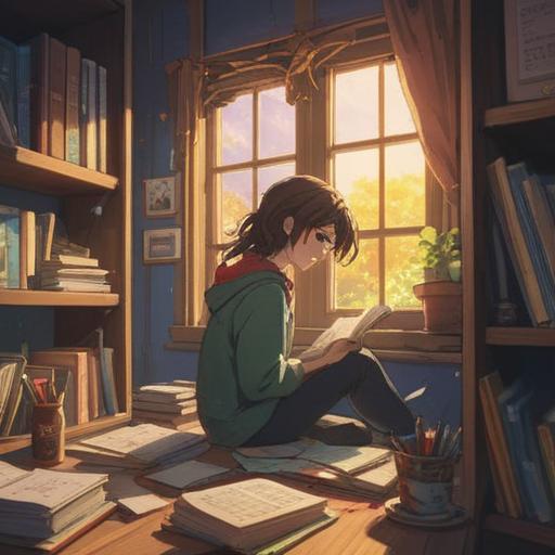 A motivational scene depicting a person happily organizing a journal, surrounded by decluttered items, bright sunlight streaming through a window, a lucky charm prominently displayed on the desk, a sense of calm and clarity in the atmosphere, lush green plants adding freshness, modern minimalist design, vibrant colors, inspirational mood, 4k