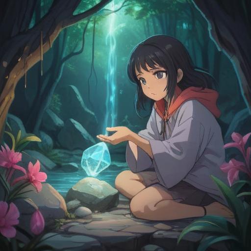 A serene and calming scene, a person gently holding a healing stone in their hand, soft light radiating from the stone, surrounded by lush green plants, peaceful atmosphere, hints of crystals and natural elements, soothing colors, depiction of relaxation and mindfulness, 4k
