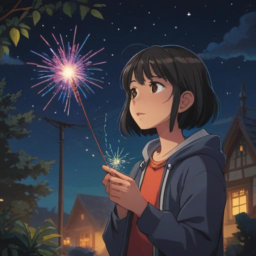 A serene nighttime scene featuring a person holding a handheld firework, sparkling light illuminating their face, surrounded by a starry sky, representing spiritual awakening and connection, gentle glow from the firework, tranquil atmosphere, deep reflection, mystical ambiance, soft shadows, 4k