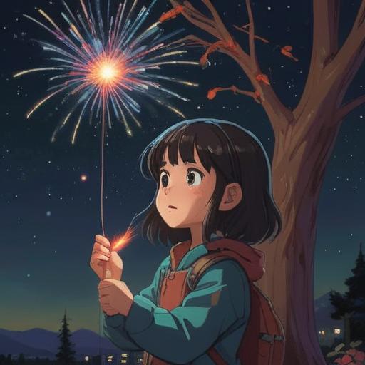 A serene night scene, a child holding a sparkling handheld firework, bright colors illuminating the dark sky, gentle wisps of smoke creating ethereal patterns, surrounded by a peaceful landscape, soft glow reflecting on their face, symbolizing spiritual connection and positive signs, enchanting atmosphere, delicate details, 4k