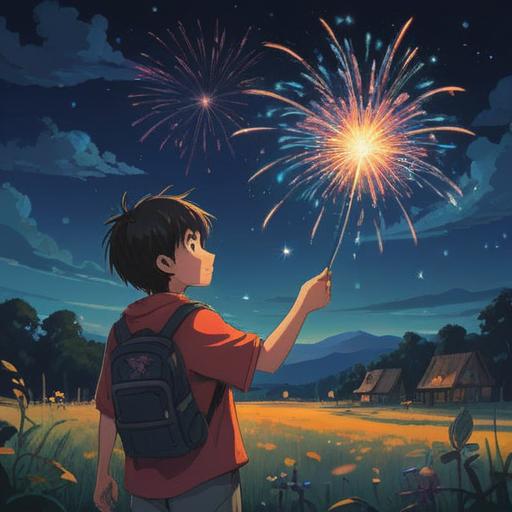 A serene summer night scene, a person holding a handheld firework, surrounded by glowing sparks, mystical symbols in the air, a sense of caution and awareness, stars twinkling in the sky, gentle breezes, vibrant colors of fireworks, spiritual energy radiating, enchanting atmosphere, peaceful meditation, harmonious connection with nature, 4k