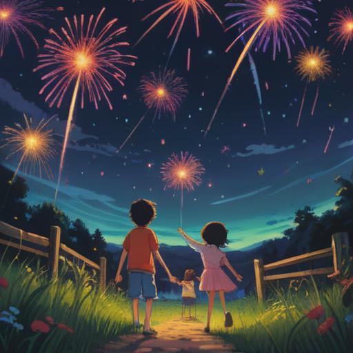 A vibrant summer night scene, children joyfully playing with handheld fireworks, bright sparks illuminating the dark sky, colorful fireworks bursting in various shapes, laughter and excitement, a picnic blanket spread on the grass, surrounding trees softly lit by firelight, whimsical atmosphere, magical feeling, 4k