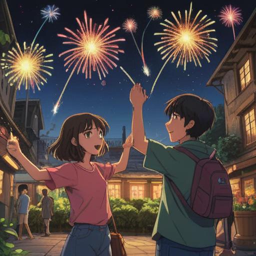 A vibrant summer night scene, a group of friends joyfully holding colorful handheld fireworks, bright sparks illuminating their faces, an enchanting garden setting, lush greenery, twinkling stars above, laughter and excitement in the air, warm and inviting atmosphere, rich details capturing the essence of celebration, 4k