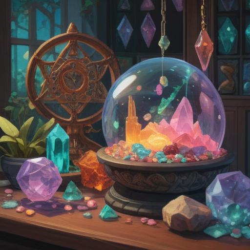 A serene still life composition, featuring a beautiful array of lucky crystals, vibrant colors, soft glow, soothing atmosphere, detailed textures, gently reflecting light, calming energy, symbols of healing, surrounded by natural elements like plants and flowers, inviting and tranquil setting, 4k