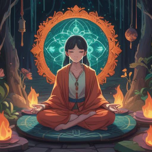 A serene and uplifting scene depicting a person meditating with a comforting aura, surrounded by glowing spiritual symbols, soft light filtering through a peaceful forest, gentle breeze rustling leaves, an ethereal connection to the divine, harmonious colors, 4k