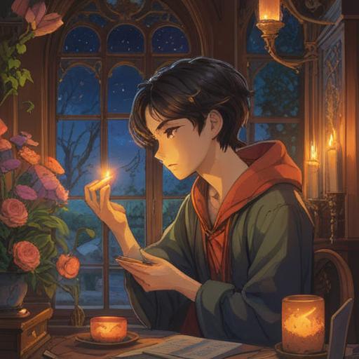 A serene scene of a person holding a small, ornate charm, surrounded by soft candlelight and delicate flowers, a sense of tranquility and remembrance, symbols of luck and protection, gentle expressions, cozy atmosphere, meaningful connection, 4k