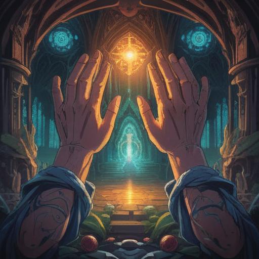 A serene illustration depicting a pair of hands pressed together in a prayer position, surrounded by soft glowing light, symbols of spirituality emanating from the hands, tranquil background with ethereal elements, peaceful ambiance, conveying a sense of connection and mindfulness, 4k