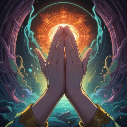 A serene illustration of hands coming together in a prayer position, glowing aura surrounding the hands, subtle symbols of spirituality in the background, gentle light illuminating the scene, peaceful ambiance, emphasis on mindfulness and intention, harmonious energy flow, 4k