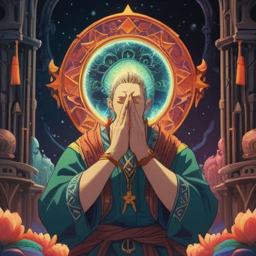 A serene illustration of a lucky charm, hands clasped in prayer, glowing aura surrounding the object, vibrant colors, intricate patterns on the charm, soft light illuminating the scene, peaceful atmosphere, symbolic representation of good fortune, 4k