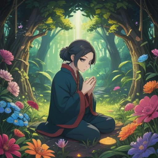 A serene and emotional moment of a ritual, hands gently coming together in prayer, surrounded by natural elements like flowers and trees, showcasing a sense of unity and tranquility, warm sunlight filtering through leaves, soft focus on the hands, rich cultural motifs in the background, capturing the essence of mindfulness and spirituality, 4k