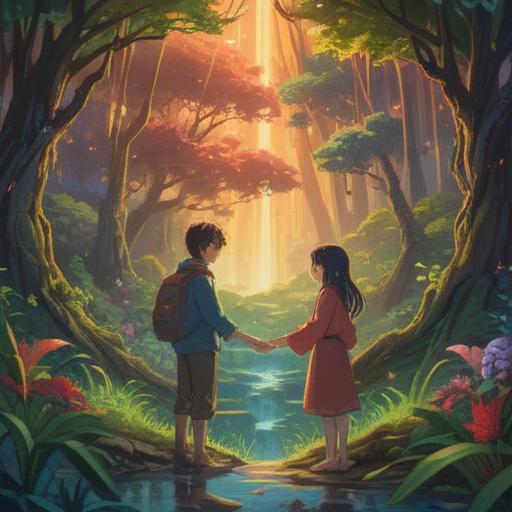 A serene scene of two people holding hands, radiant energy flowing between their palms, symbolic light and aura surrounding them, lush nature in the background, a sense of connection and harmony, gentle expressions on their faces, spiritual vibes, ethereal atmosphere, 4k