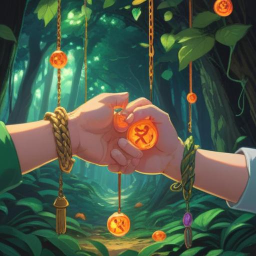 A heartwarming scene of two hands gently intertwined, glowing lucky charms hanging from their wrists, soft sunlight filtering through leaves in a serene park, symbols of love and friendship, warm and inviting atmosphere, detailed background with blooming flowers, 4k
