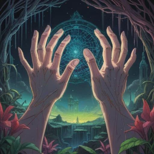 A mystical scene depicting hands experiencing tingling sensations, ethereal light surrounding the fingers, symbols of spirituality intertwined with the hands, soft glowing orbs representing energy, a serene and introspective atmosphere, nature elements in the background, 4k resolution, detailed textures, vibrant colors