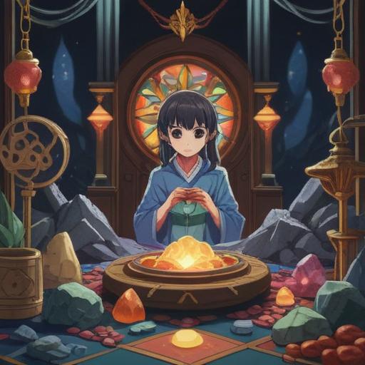 A serene and mystical setting, featuring various spiritual lucky items, such as crystals, healing stones, and incense, surrounded by gentle light, a calming aura, lush greenery in the background, a sense of tranquility, vibrant colors, elements representing luck and healing, inviting atmosphere, 4k