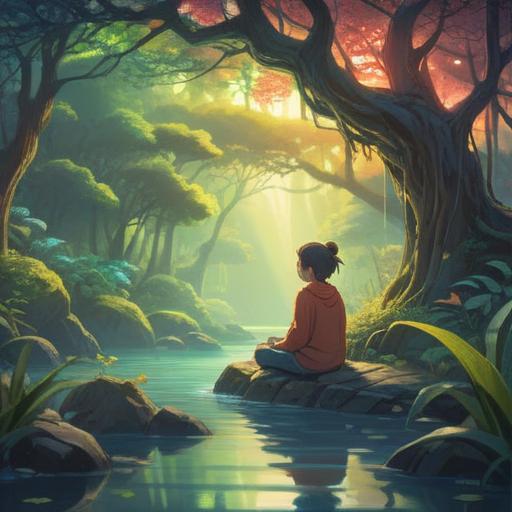 A serene and introspective scene depicting a person meditating in a tranquil setting, surrounded by ethereal light, nature elements like flowing water and blooming flowers, showcasing a connection between mind and body, spiritual symbols like chakras or mandalas, peaceful expression, soft focus, calming atmosphere, 4k