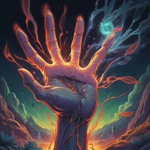 A mystical representation of hand pain and its spiritual significance, ethereal imagery, glowing aura surrounding the hand, symbols of healing and energy, vibrant colors depicting emotions, serene background with nature elements, illustrative style blending fantasy and reality, 4k