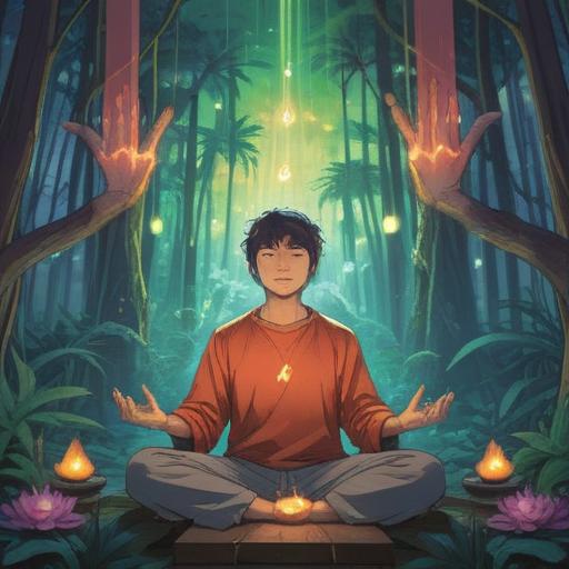 A serene illustration of hands meditating, surrounded by healing energy, soft light emanating from palms, gentle aura, ethereal symbols floating in the background, tranquil nature elements like flowing water and lush greenery, calming atmosphere, soothing colors, 4k