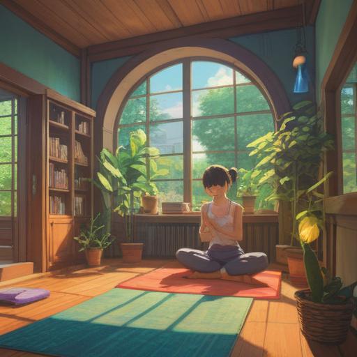 A serene lifestyle scene, a person practicing yoga in a sunlit room, gentle stretches alleviating hand pain, peaceful atmosphere, lush indoor plants, calming colors, mindfulness and health focus, encouraging posture adjustments, natural light illuminating the space, relaxing ambiance, 4k