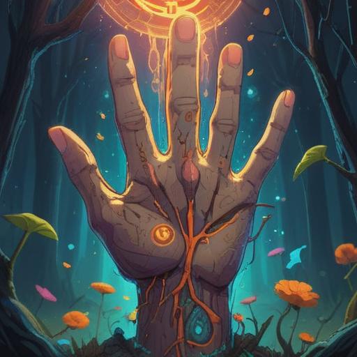 A mystical and serene illustration representing the spiritual meaning of moles on the back of the hand, featuring symbolic elements like ancient runes and gentle light, hands gently placed together, surrounded by ethereal energy, calming colors, intricate details, harmonious vibes, 4k
