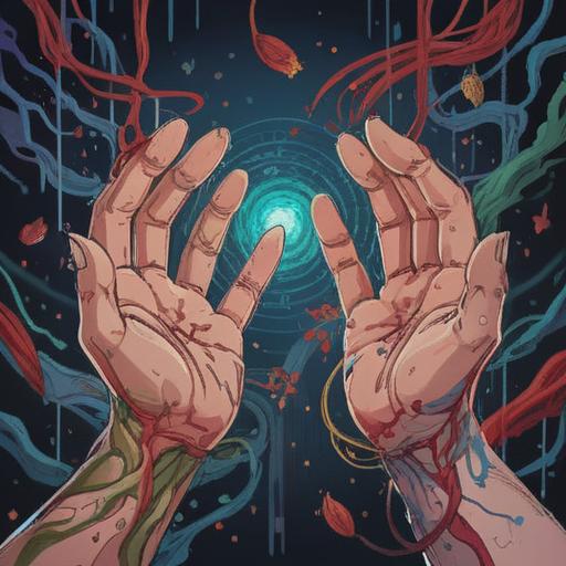 A symbolic illustration representing the spiritual meaning of frequent hand injuries, hands depicted with intricate details, wounds symbolizing challenges and lessons, vibrant ethereal energy surrounding the hands, contrasting dark and light elements, emphasizing growth and healing, dreamlike atmosphere, 4k