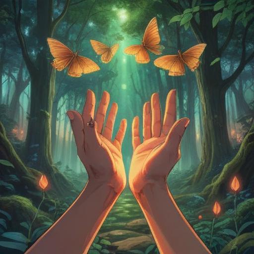 A serene and tranquil scene depicting hands enveloped in a warm glow, symbolizing spiritual awakening, soft light radiating from the palms, gentle aura surrounding the hands, ethereal atmosphere, nature elements like soft flowers and flowing water in the background, peaceful expression, harmony with the universe, 4k