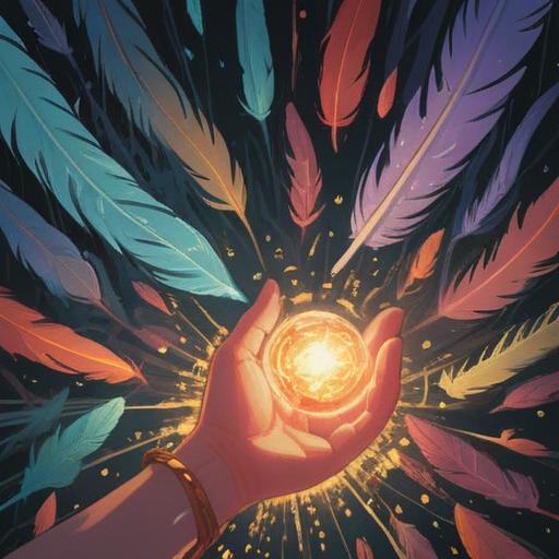 A serene illustration depicting a hand glowing gently with warmth, surrounded by ethereal light, symbolic elements like feathers and crystals floating nearby, a peaceful nature background with lush greenery and soft sunlight filtering through trees, representing spiritual awakening and connection, calm and inviting atmosphere, 4k