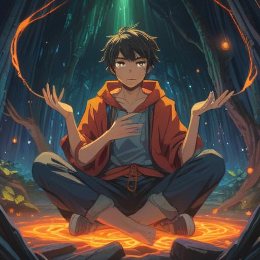 A serene scene of a person sitting cross-legged, warm light glowing from their palms, swirling energy patterns radiating outward, soft focus on their calm expression, surrounded by nature's beauty, vibrant green leaves and colorful flowers, soothing atmosphere, peaceful energy exchange, 4k