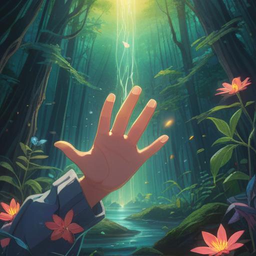A mystical illustration depicting a hand surrounded by radiant light, ethereal symbols floating around, gentle aura emanating, serene background of nature, spiritual energy radiating from the fingertips, vibrant colors conveying hope and healing, meditative atmosphere, symbolic representation of overcoming challenges, intricate details, 4k