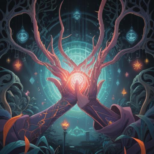 A mystical illustration depicting hands intertwined with ethereal energy, glowing symbols representing spiritual warnings, a serene backdrop of nature, subtle light coming through the trees, soft color palette, intricate details in the hands, a sense of calm and awareness, 4k
