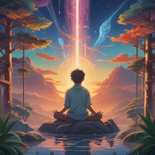 A serene and mystical scene depicting a person meditating with hands raised towards the sky, surrounded by ethereal light, symbols of healing energy swirling around, tranquil nature background with soft sunlight filtering through trees, a sense of peace and resolution, vibrant colors, harmonious atmosphere, spiritual journey, 4k